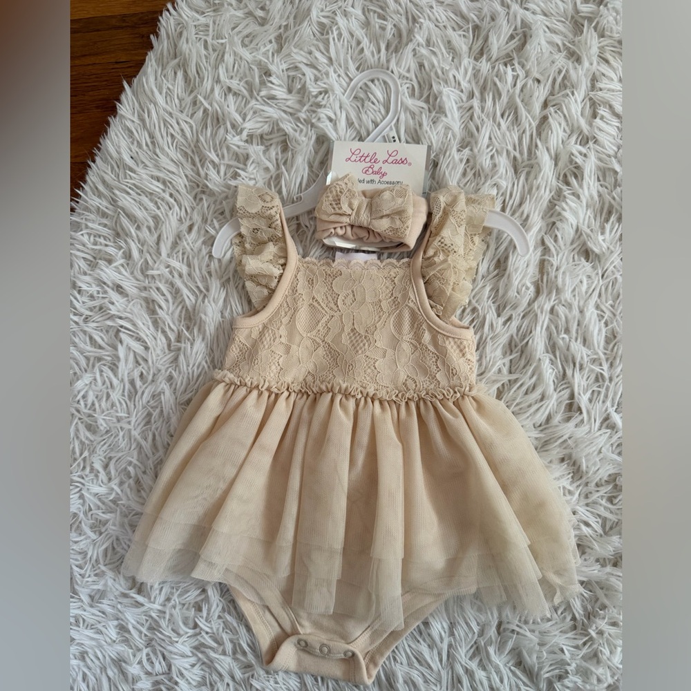 Little Lass Cream Lace Dress with Bow